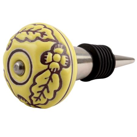 Yellow Brown Leaf Flower Etched Ceramic Wine Stopper